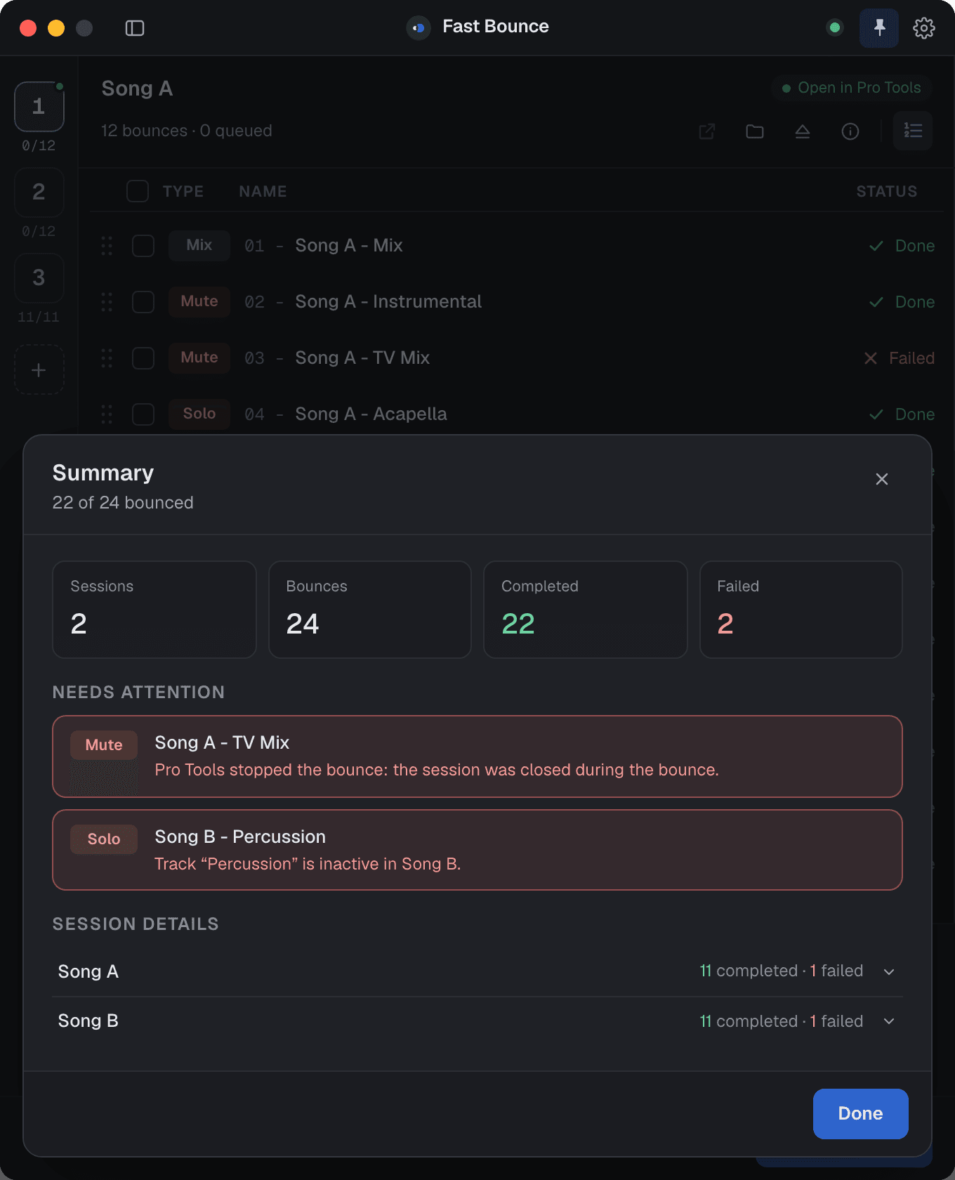 The Summary sheet with completed and failed counts, a Needs attention list and files grouped by session.