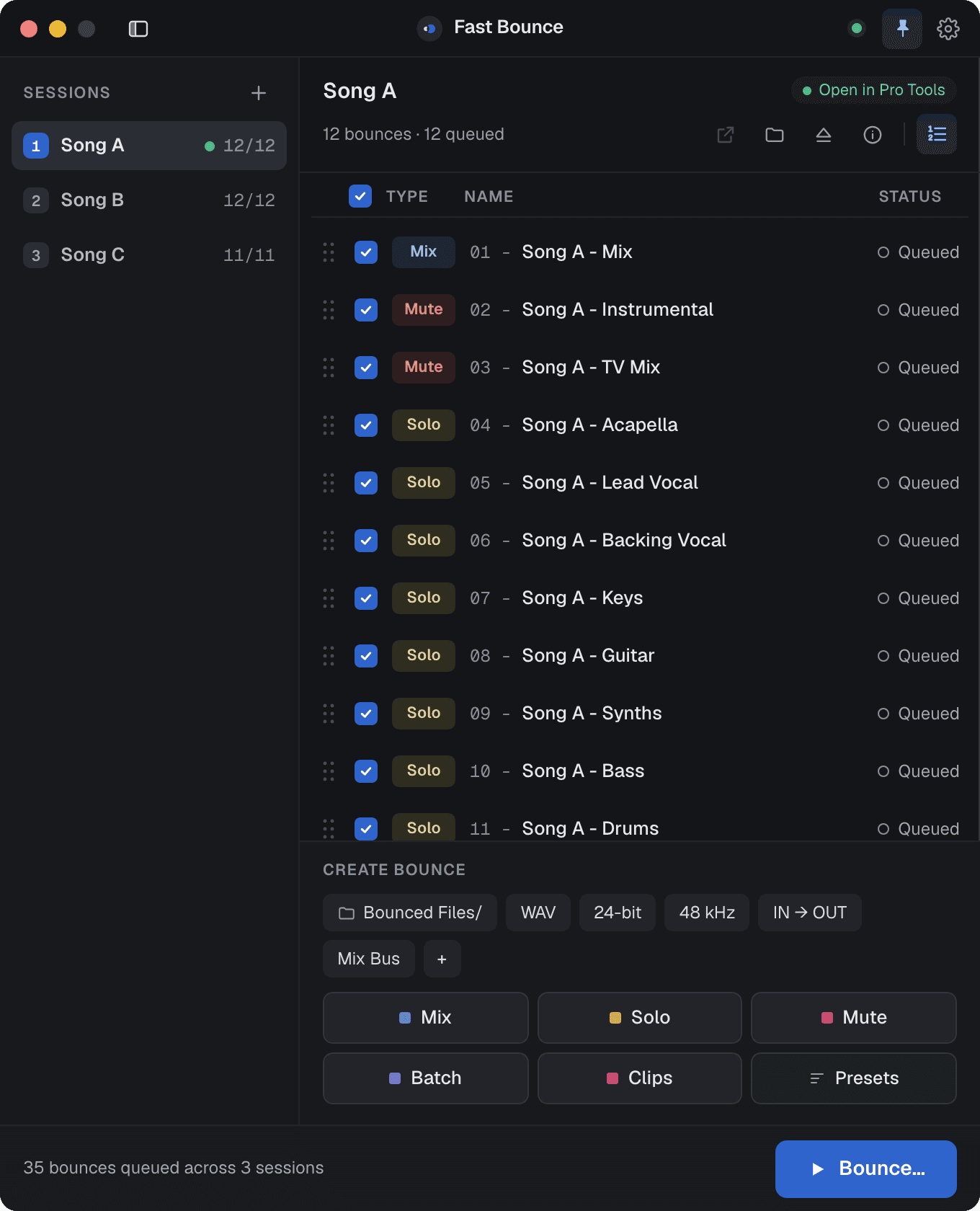 The main window with the session sidebar open, listing Song A, Song B and Song C with their bounce counts.