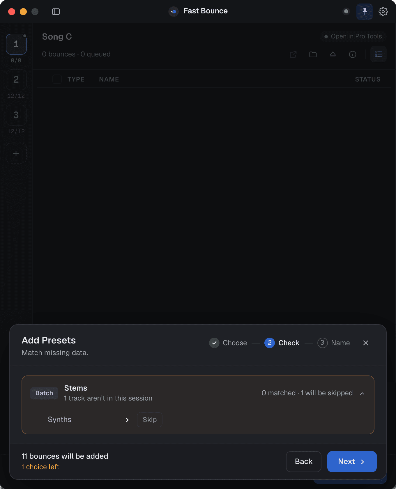 The Check step listing one preset's issues: a missing track with a suggested closest name, and a name that already exists.