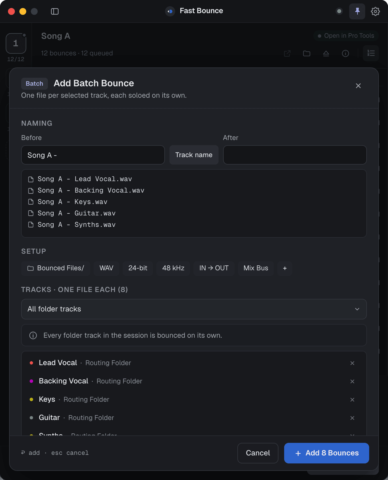 The Add Batch Bounce sheet with the rule “All folder tracks” chosen and the matching tracks listed.