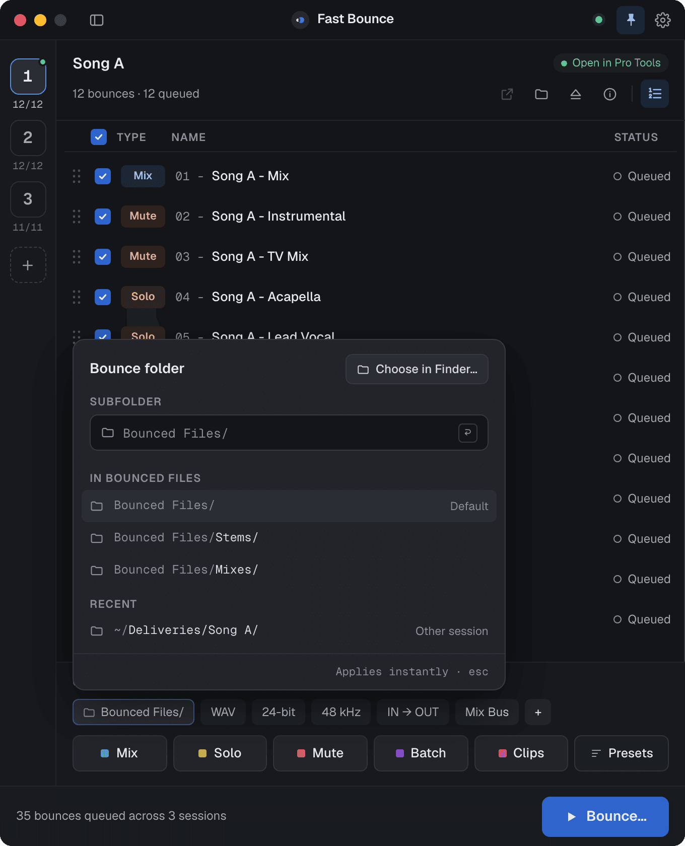 The bounce folder picker with a text field for a subfolder of Bounced Files, recent folders and a Choose in Finder button.