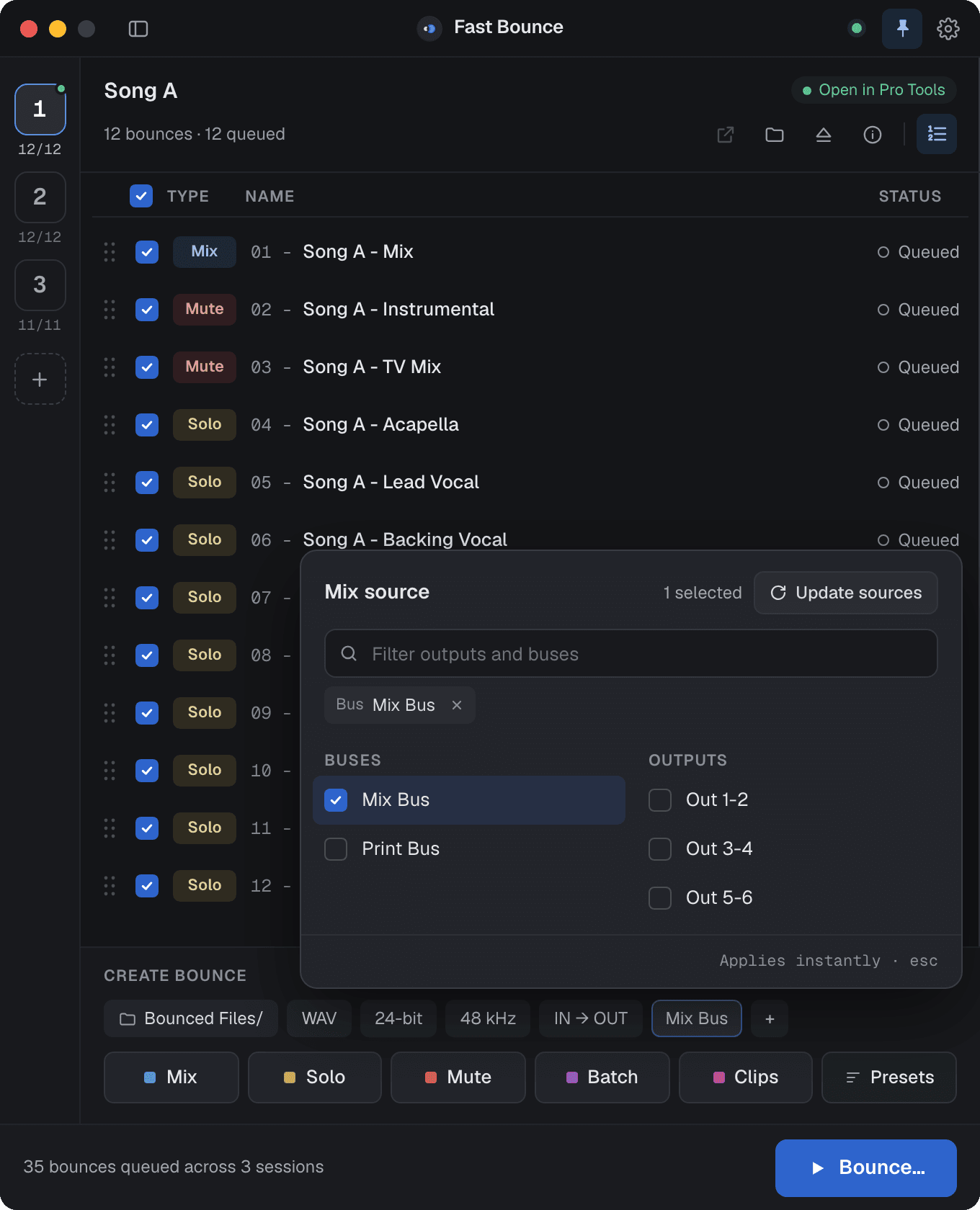 The mix source picker listing the session's outputs and buses with checkboxes.
