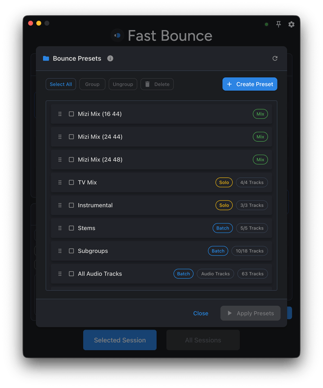 Fast Bounce preset creation interface