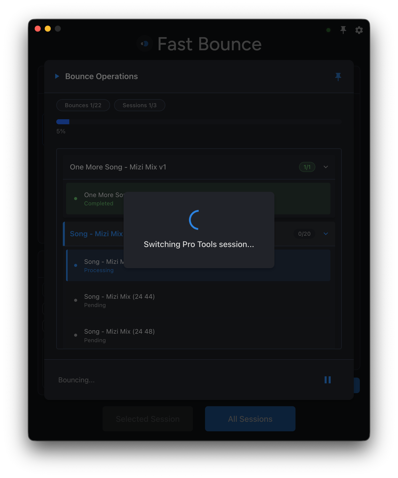 Fast Bounce switching Pro Tools session